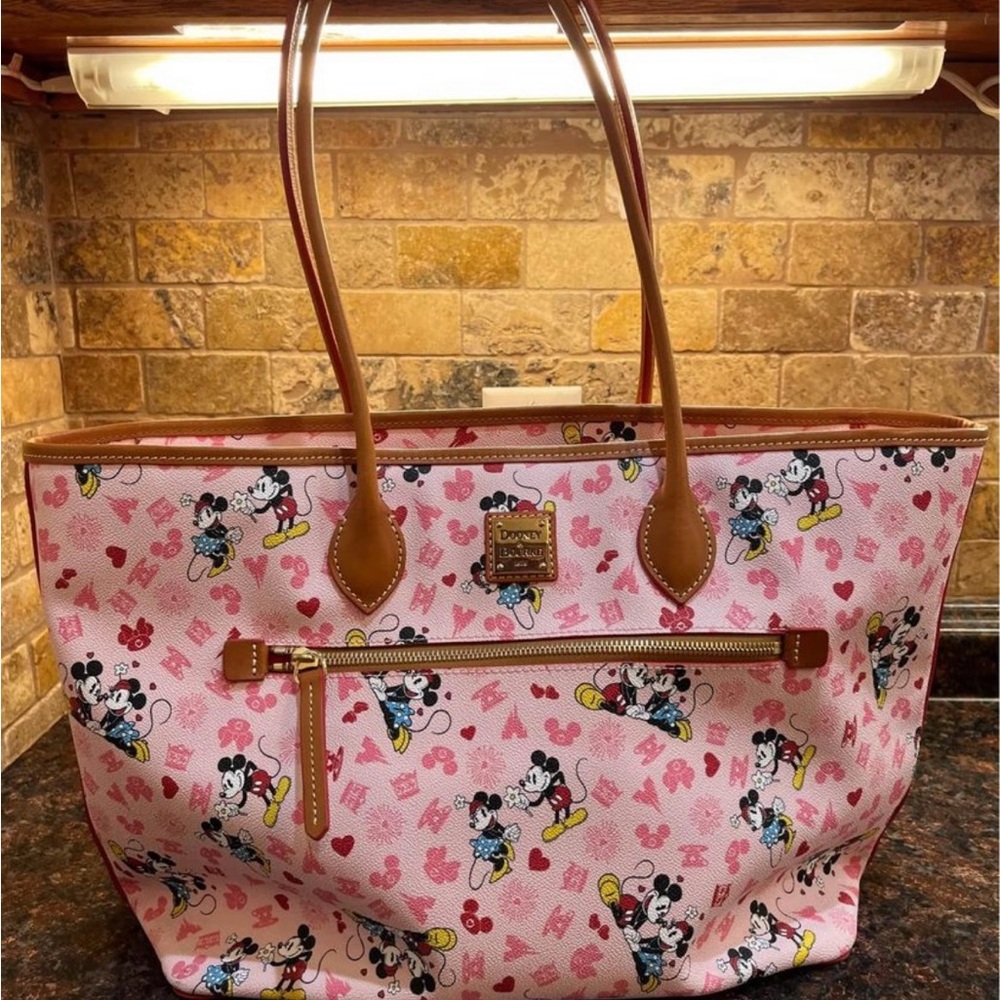 Dooney & Bourke Pink Mickey & Minnie Patterned Tote with Brown Trim